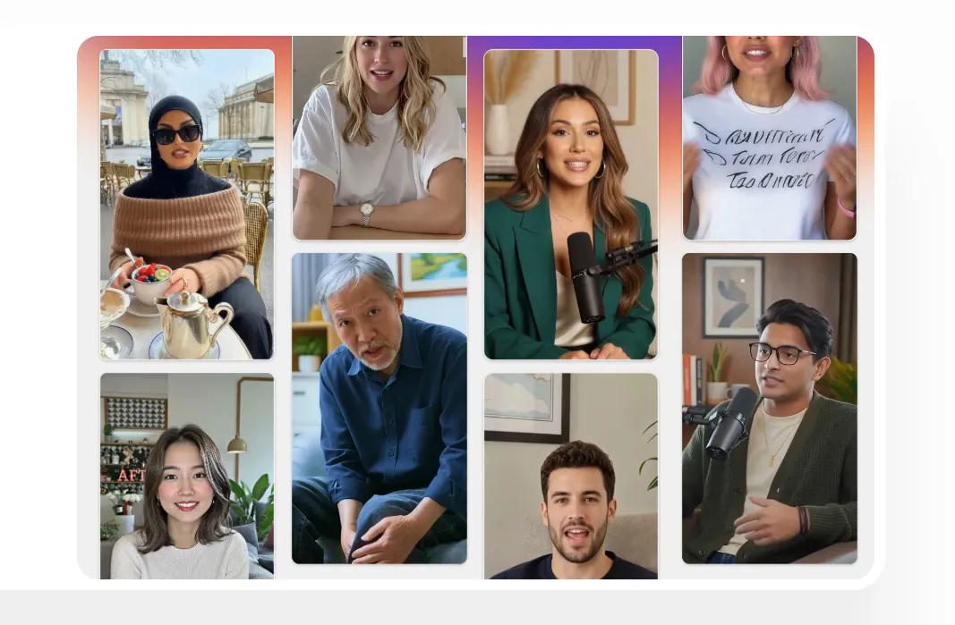 Raccolta di diversi avatar AI di influencer/podcast con modelli umani digitali multietnici, con diversi abiti e ambientazioni.
