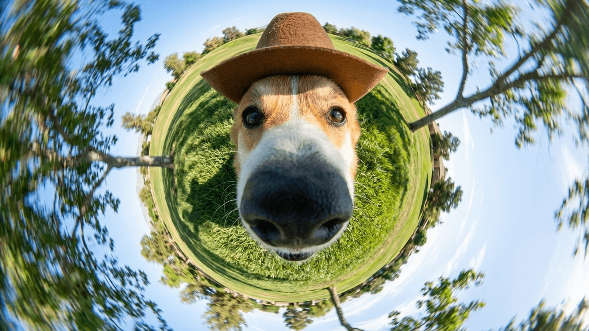 広角レンズで撮影された、帽子をかぶった犬が草むらにいる