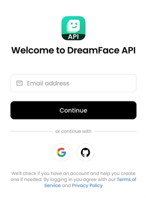 DreamFace API account login page, supporting email and third-party social login