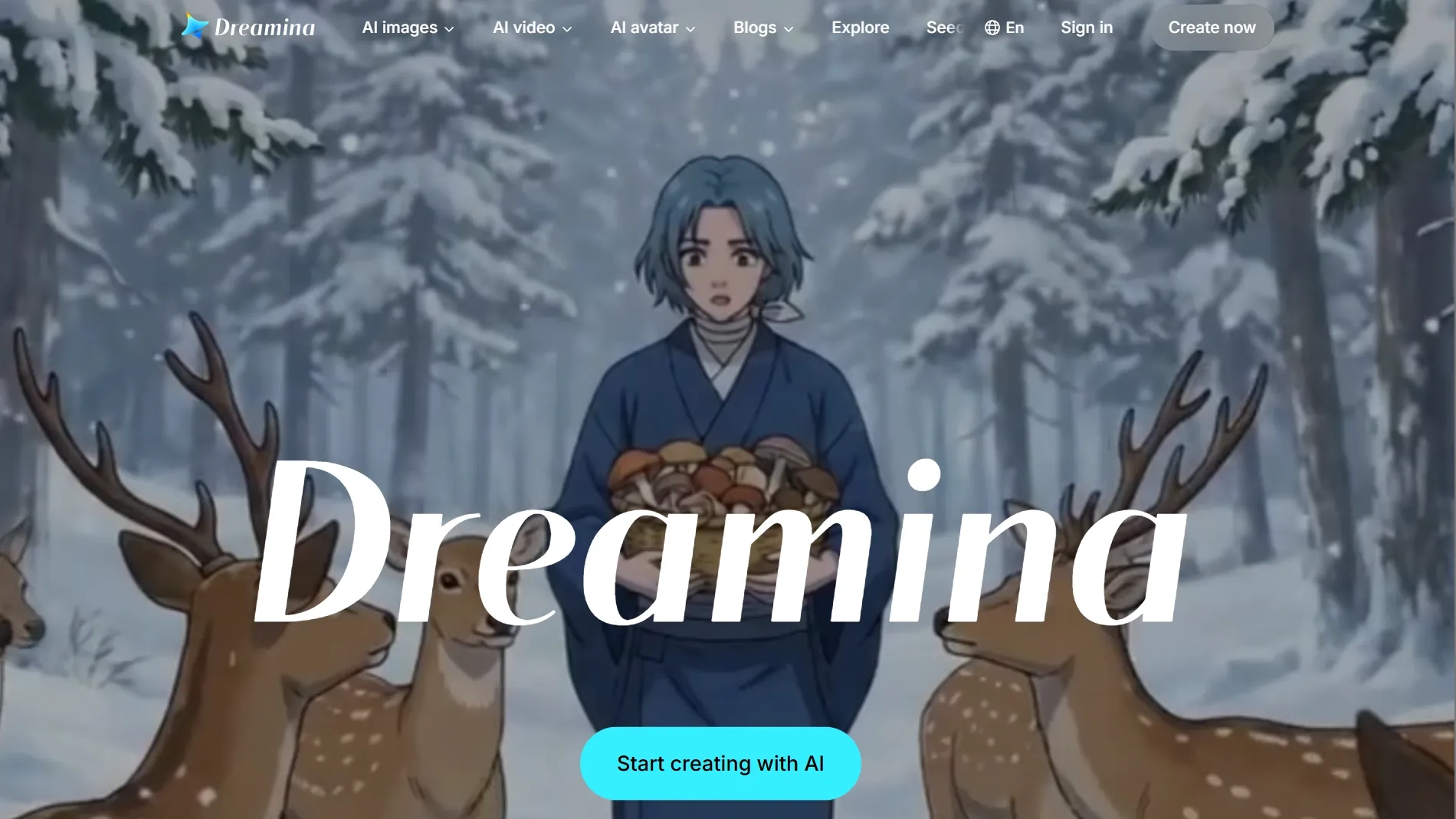 Dreamina homepage with an anime character in a snowy forest