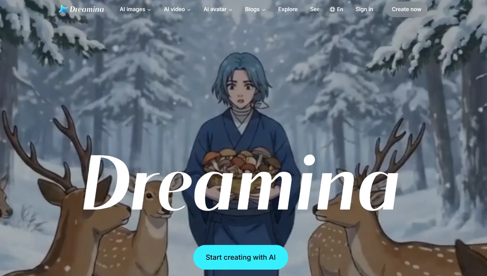 Dreamina AI-skabelseshjemmeside med en anime-person i en snedækket skov