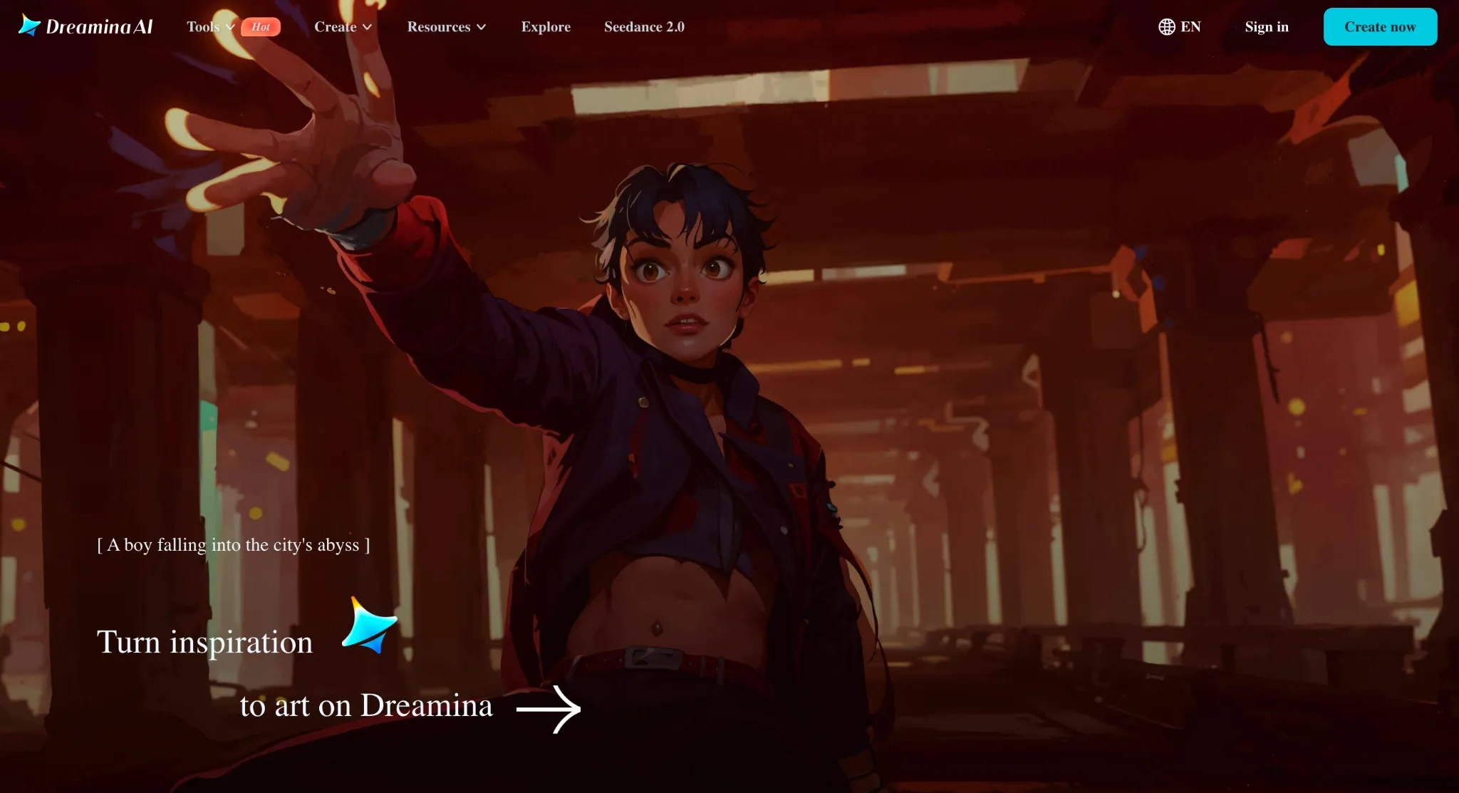 Pagina iniziale di Dreamina AI con illustrazione stilizzata di un personaggio e pulsante