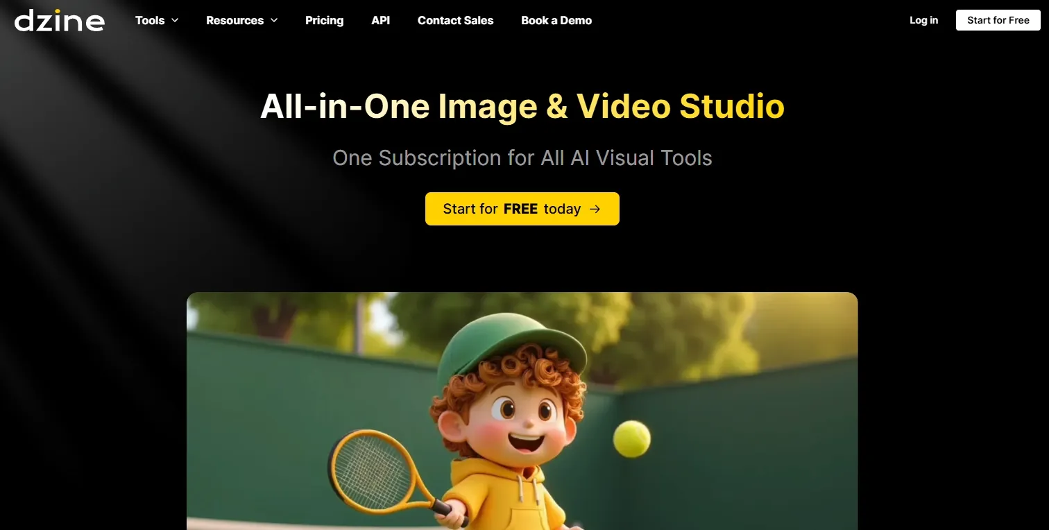 Página principal de Dzine que muestra herramientas de estudio de imagen y vídeo con IA todo en uno.