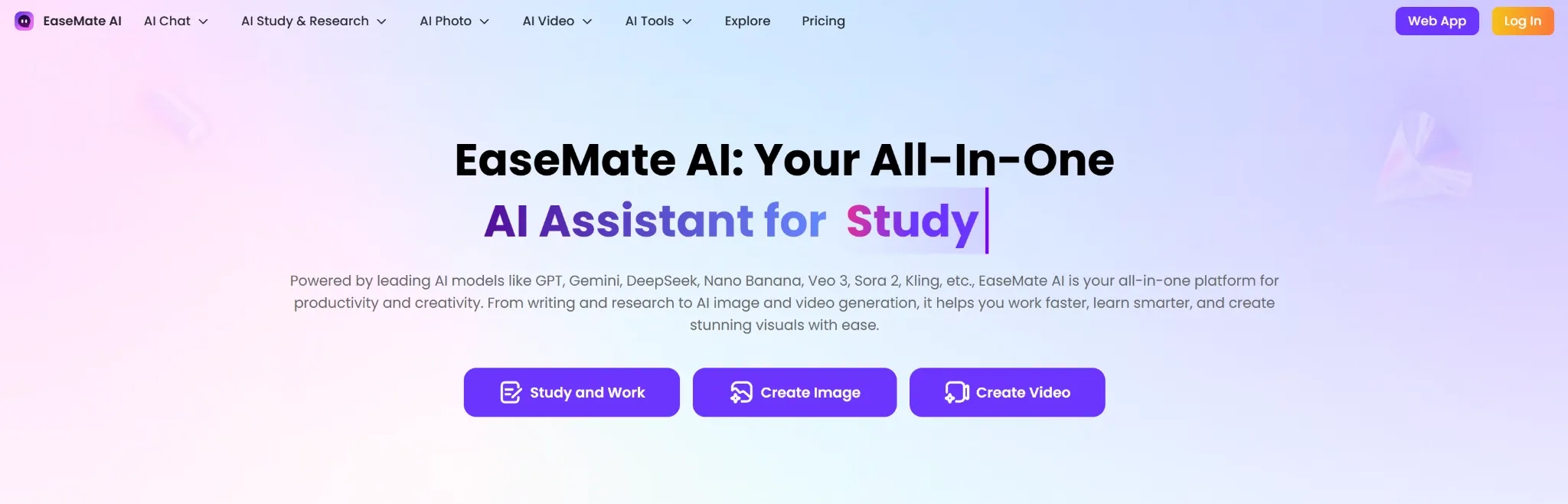 EaseMate AI platform for study and creativity with various AI tools.