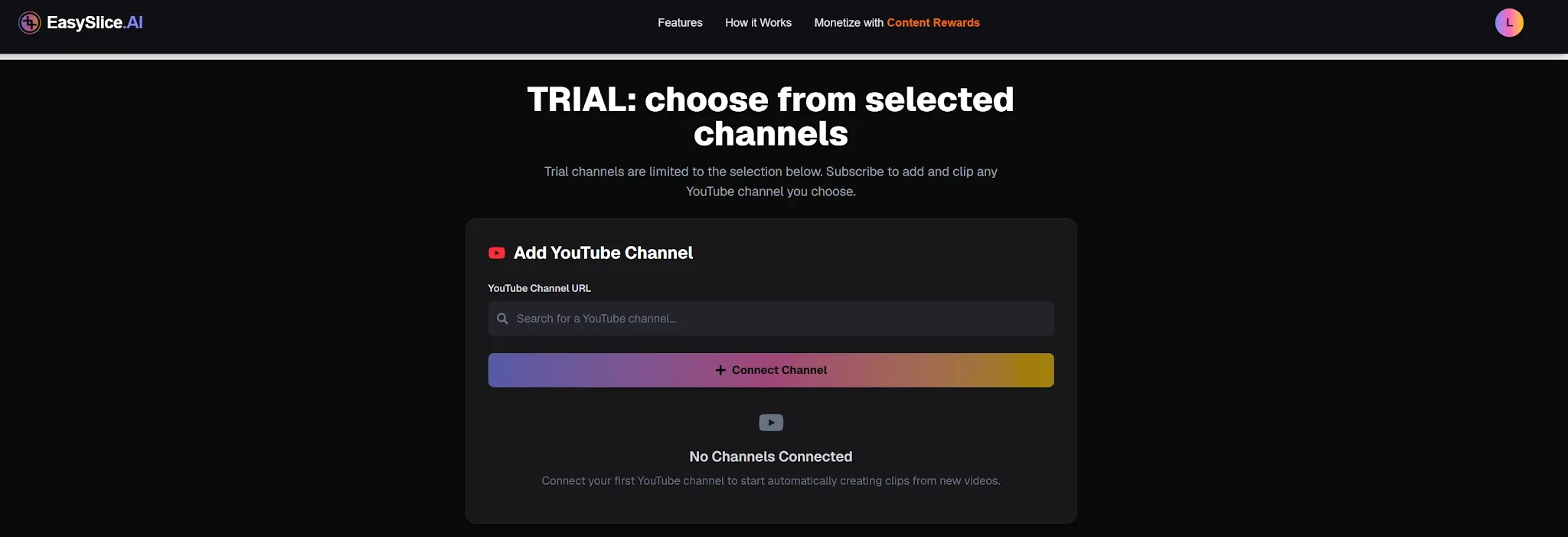 Interfaz para añadir canales de YouTube a la versión de prueba de EasySlice.AI.