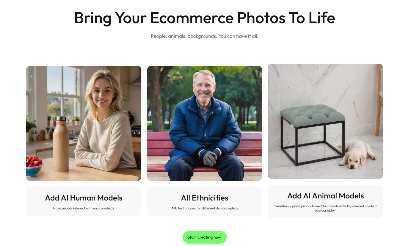 Three sections showcasing diverse models and products for ecommerce photography.