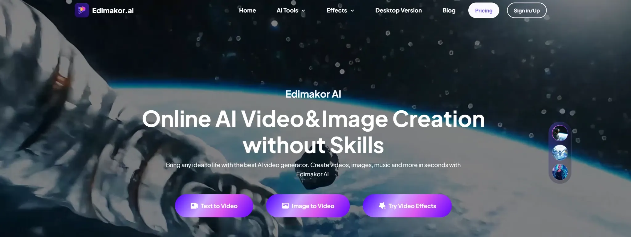 Homepage of Edimakor AI showcasing video and image creation tools.