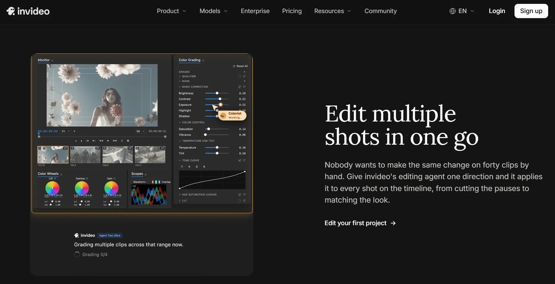 Editing interface showing color grading tools and video clips timeline.