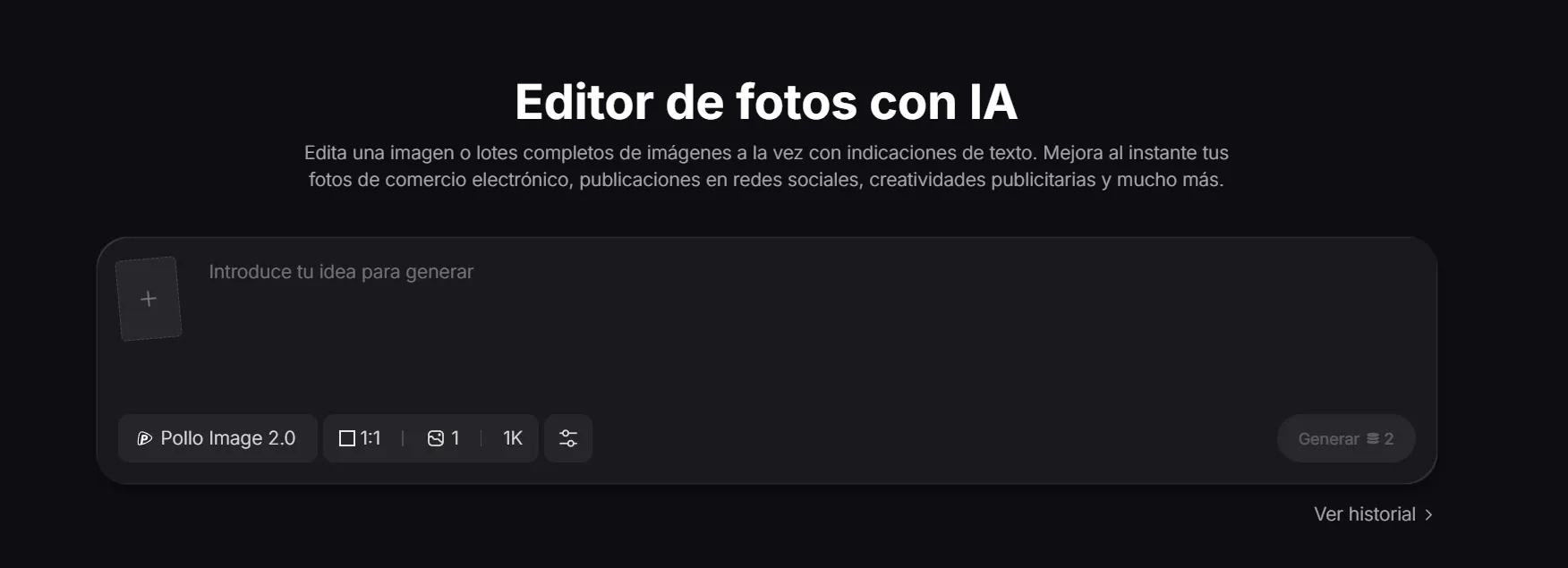 Interfaz de un editor de fotos con IA para generar imágenes.