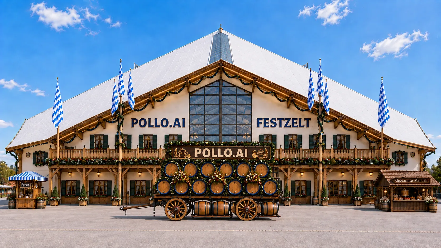 Ein Festzelt mit dem Namen POLLO.AI und einer Bierwagen-Dekoration.