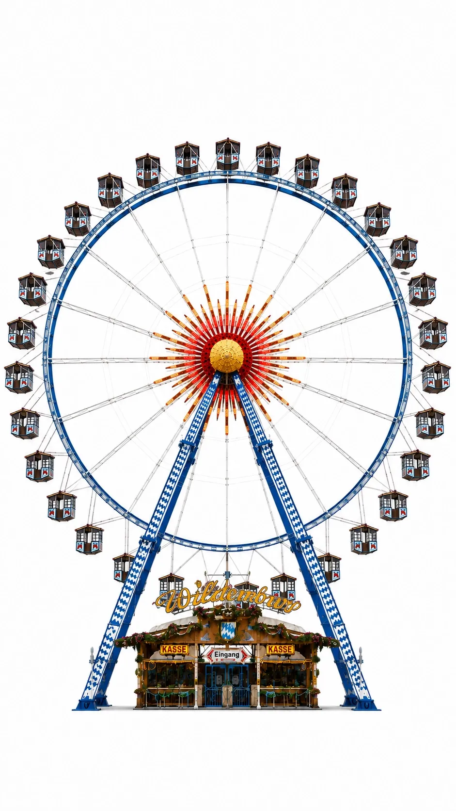 Ein großes Riesenrad mit bunten Kabinen und einem Eingang.