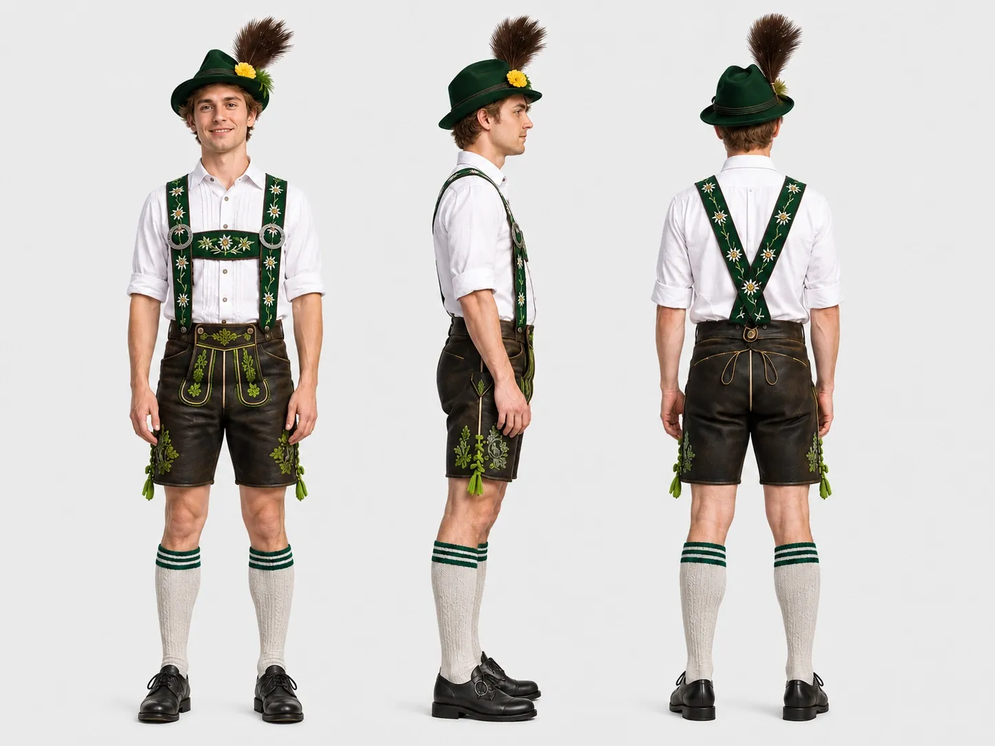 Ein Mann trägt eine traditionelle Tracht mit Lederhosen und einem Hut.