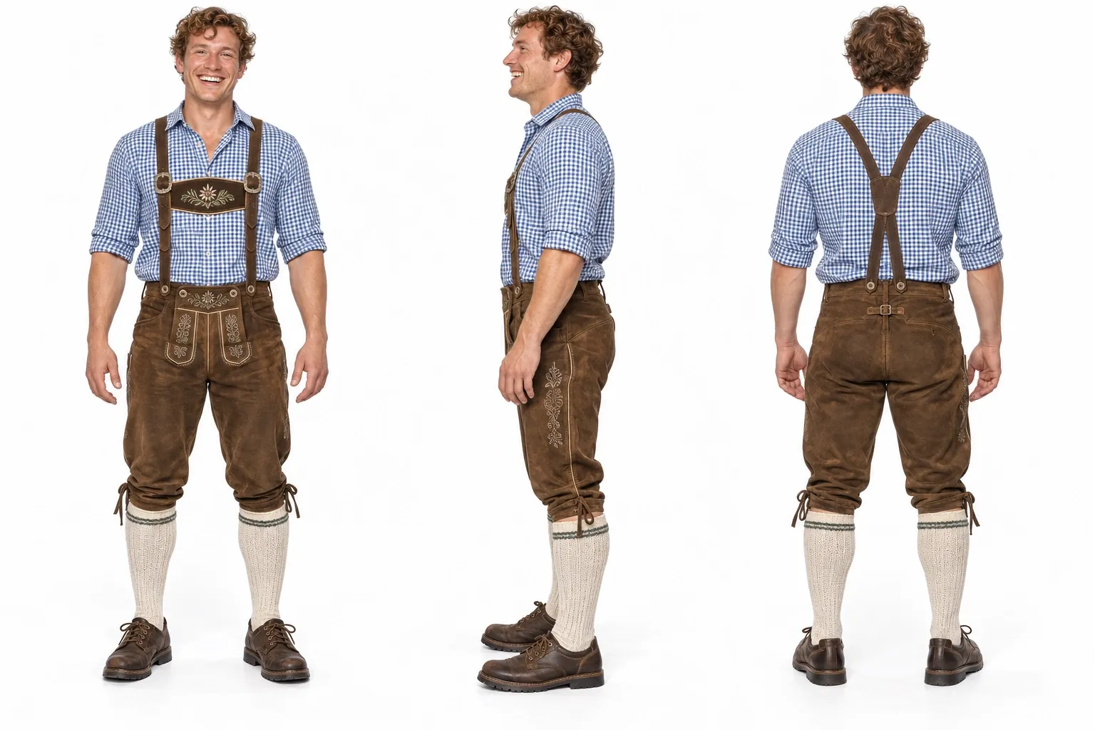 Ein Mann trägt traditionelle Tracht mit Lederhosen und kariertem Hemd.