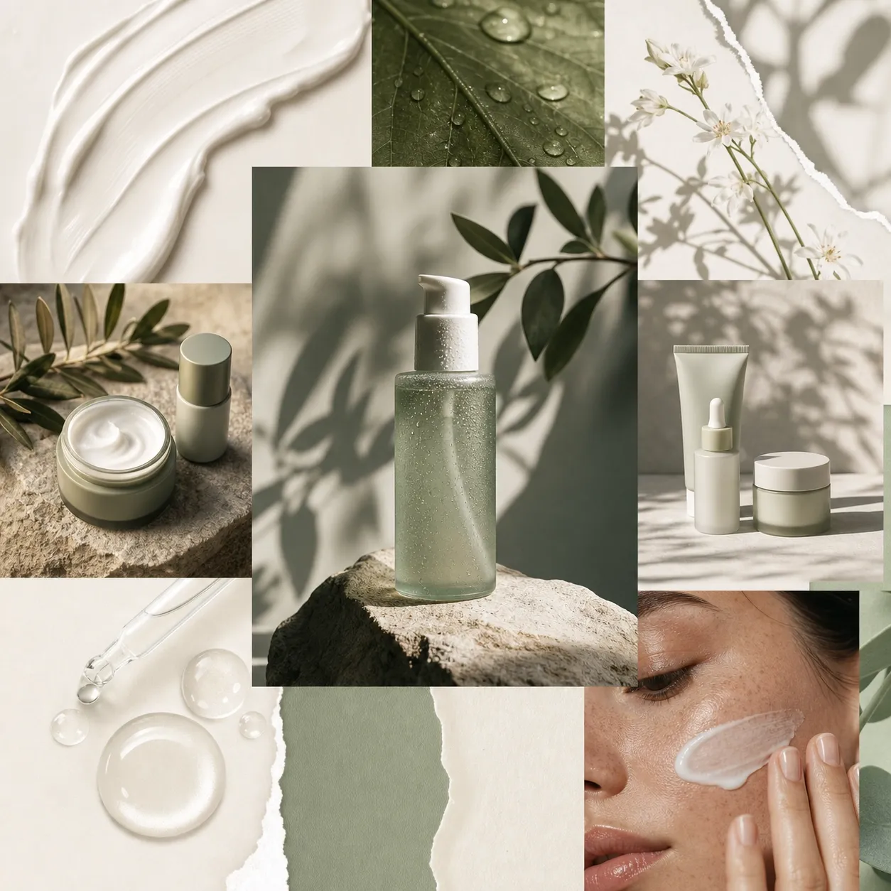 Ejemplo de collage de producto tipo moodboard para una marca de skincare