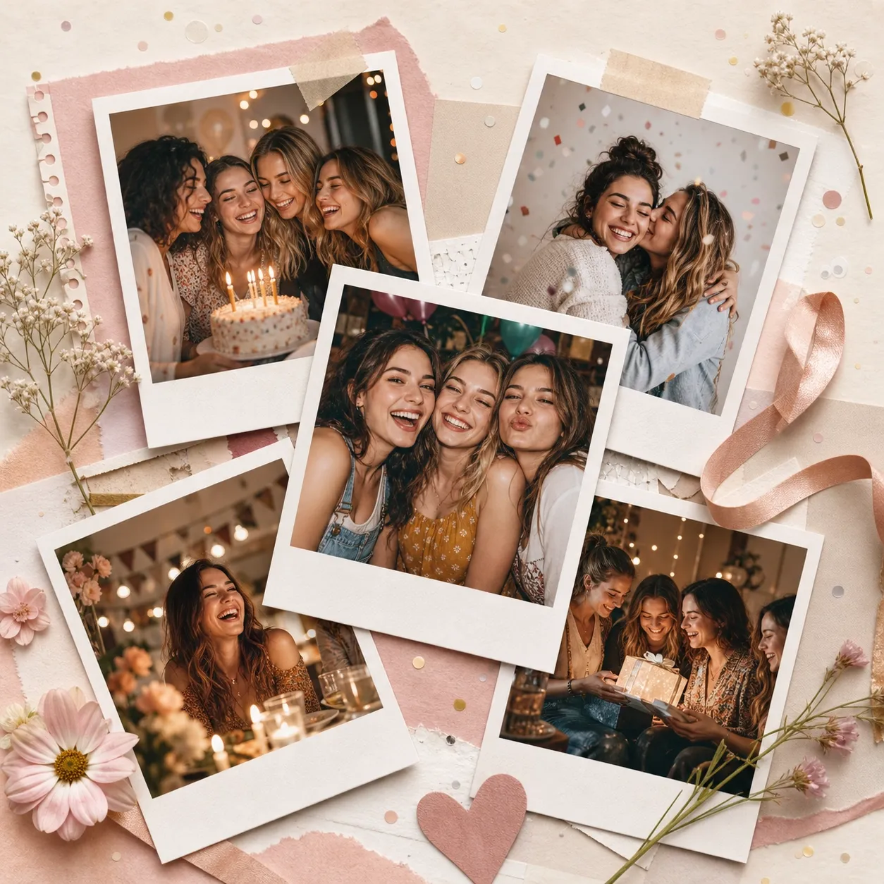 Ejemplo de collage de recuerdos con fotos tipo polaroid y estética pastel