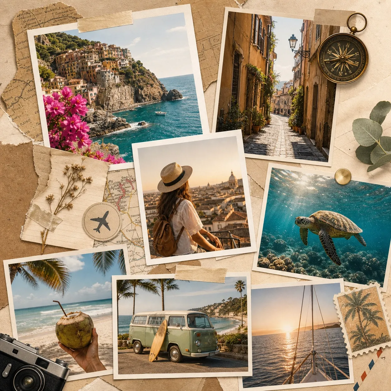 Ejemplo de collage de viaje creado con estilo scrapbook y fotos superpuestas