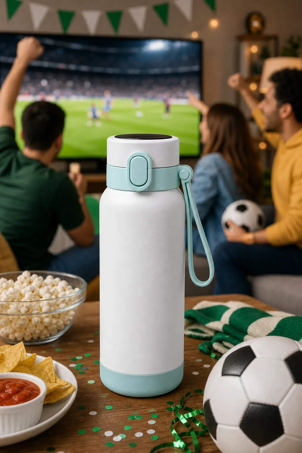 ejemplo de video con IA: producto en una escena de watch party de fútbol