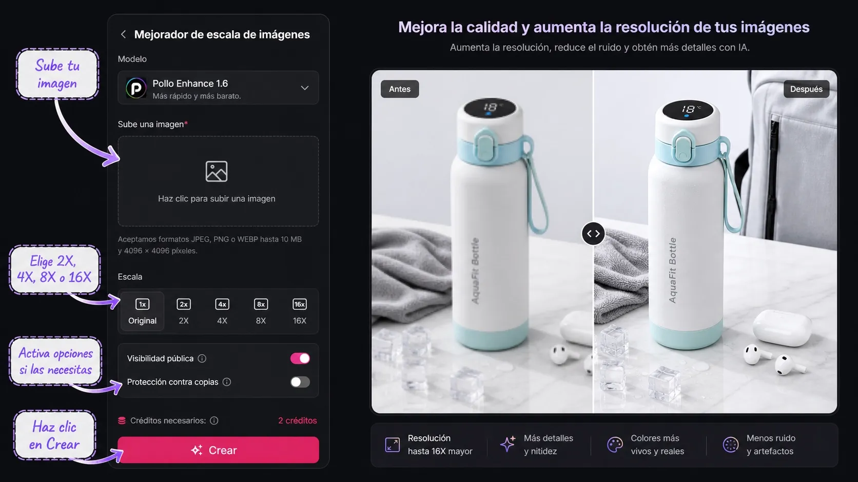 Ejemplo visual de cómo subir una imagen, elegir la escala y crear una versión con más resolución en Pollo AI