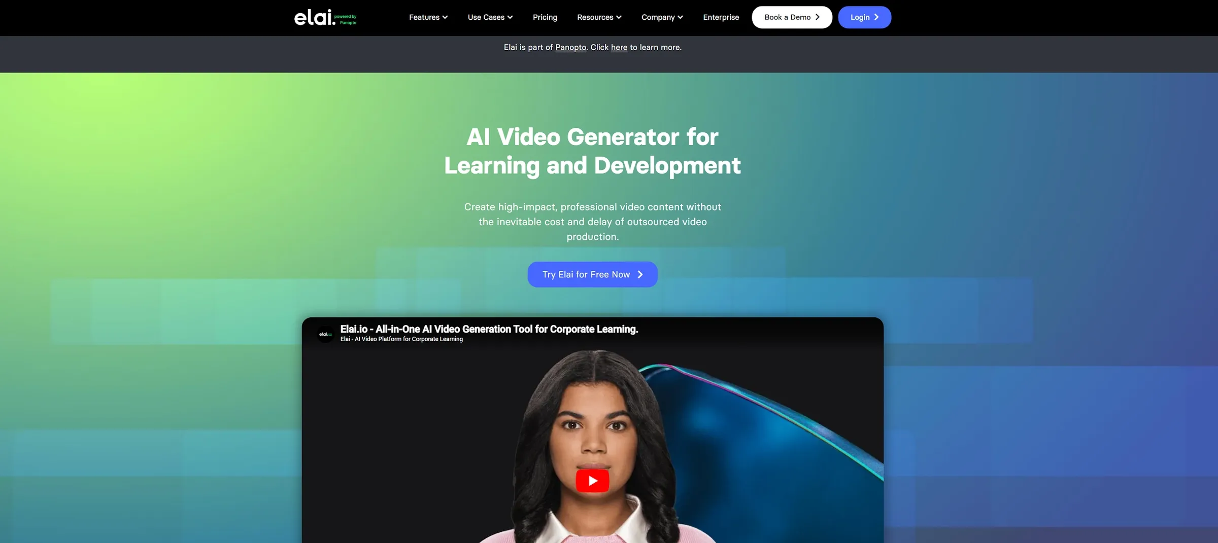 图片展示了Elai的官网页面。背景为渐变的蓝绿色,中间有“AI Video Generator for Learning and Sviluppo”的文字,强调其为学习和发展提供高影响力、专业视频内容。下方有一个黑色边框的视频窗...