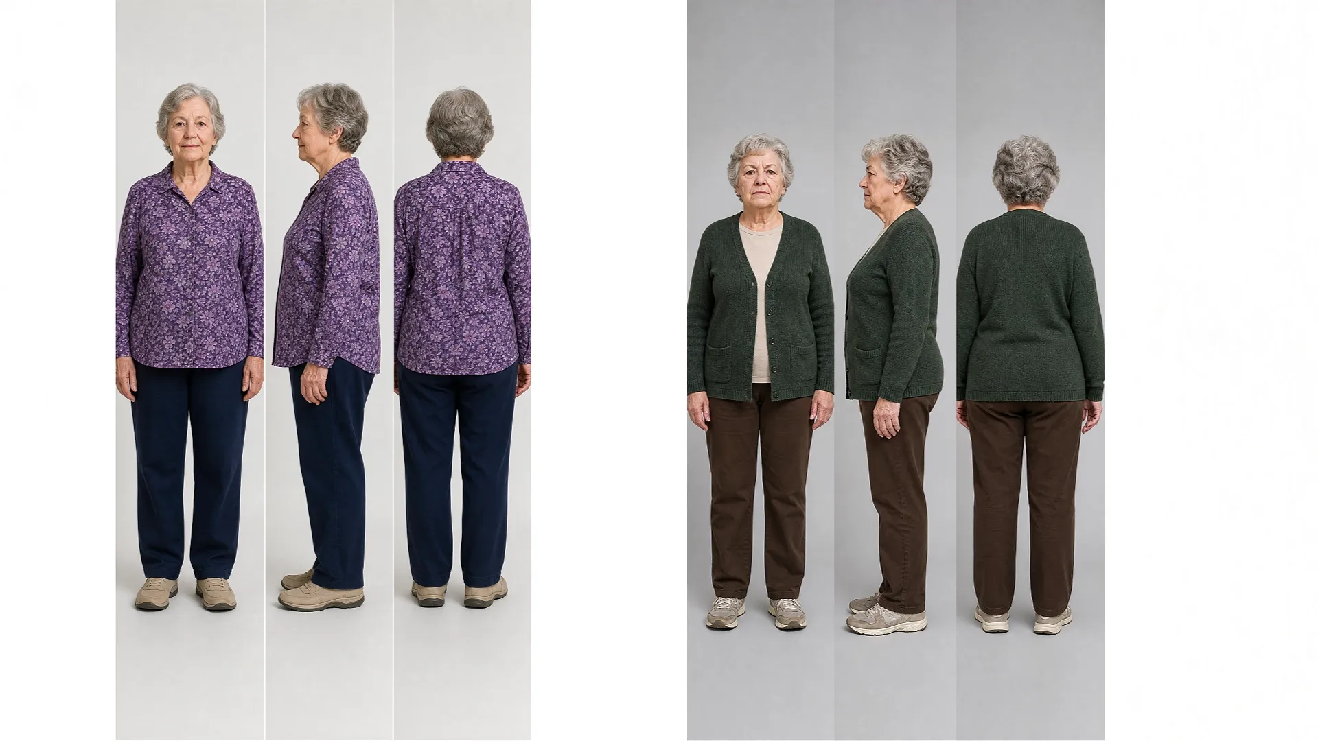 An elderly woman poses in a floral shirt and a green cardigan.