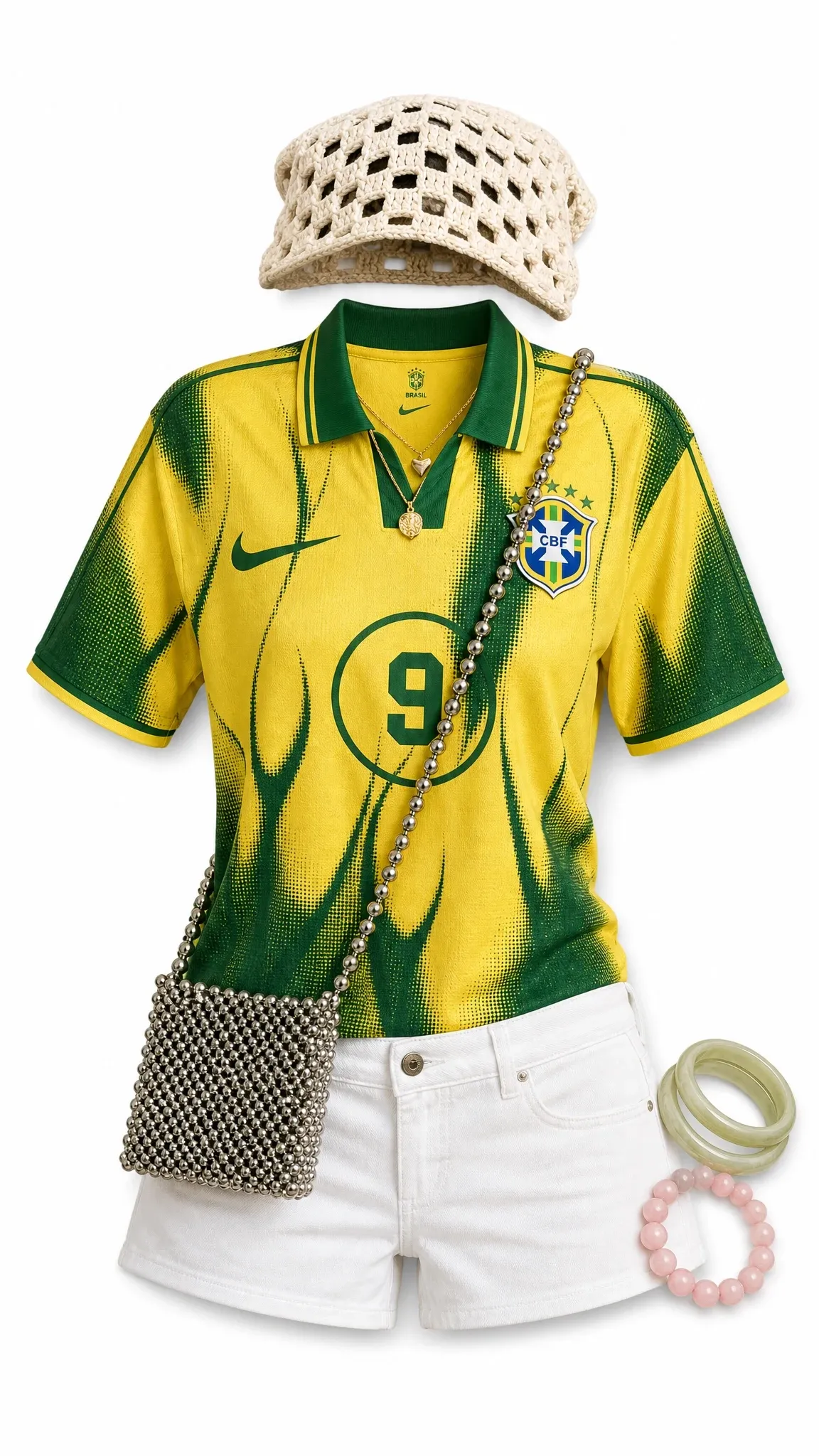 En el caso del ejemplo, la imagen muestra una camiseta de f tbol amarilla y verde con accesorios de verano