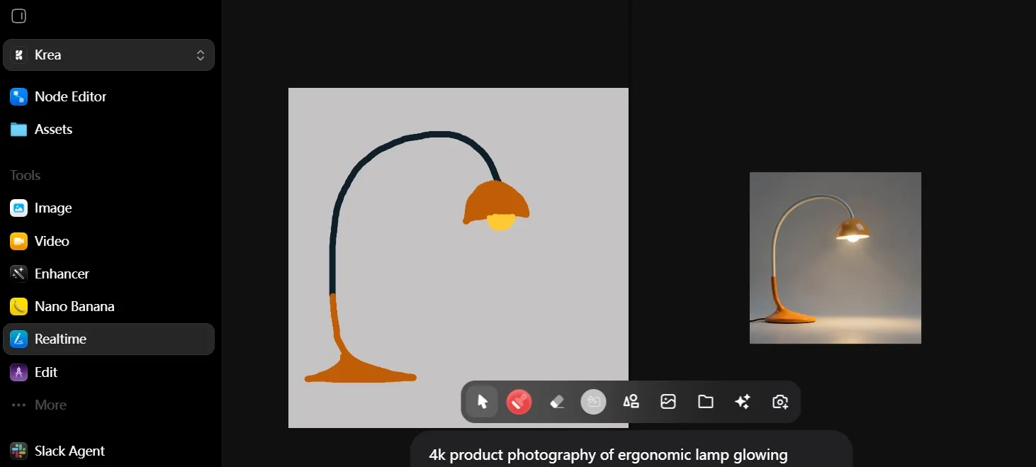 A glowing ergonomic lamp with a curved neck and orange shade.