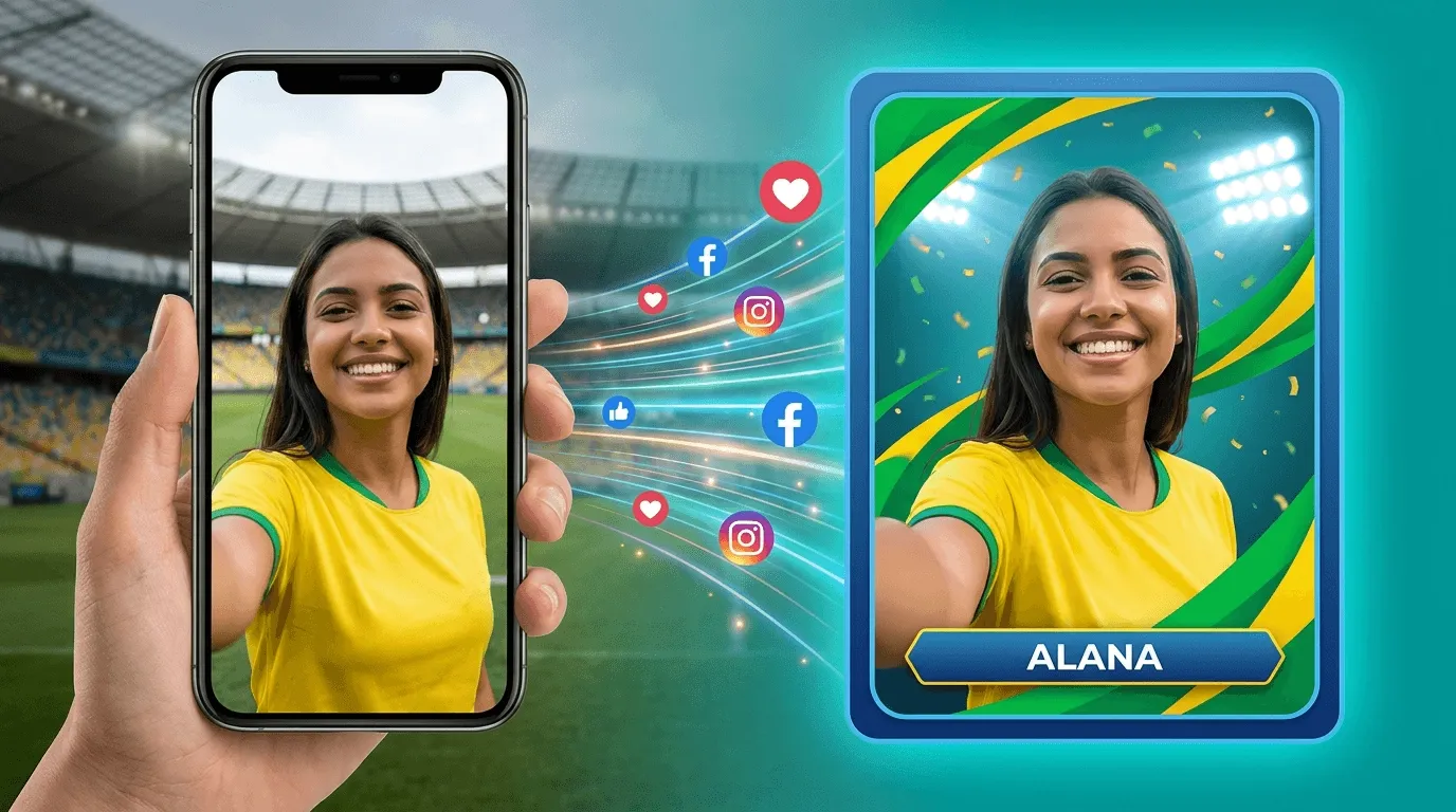 pessoa transformada em figurinha de futebol com IA