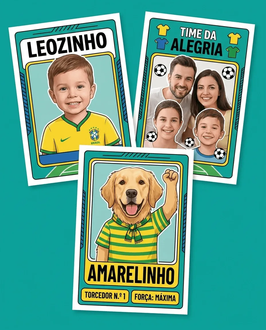 criança e pet em figurinha de futebol com cores do Brasil