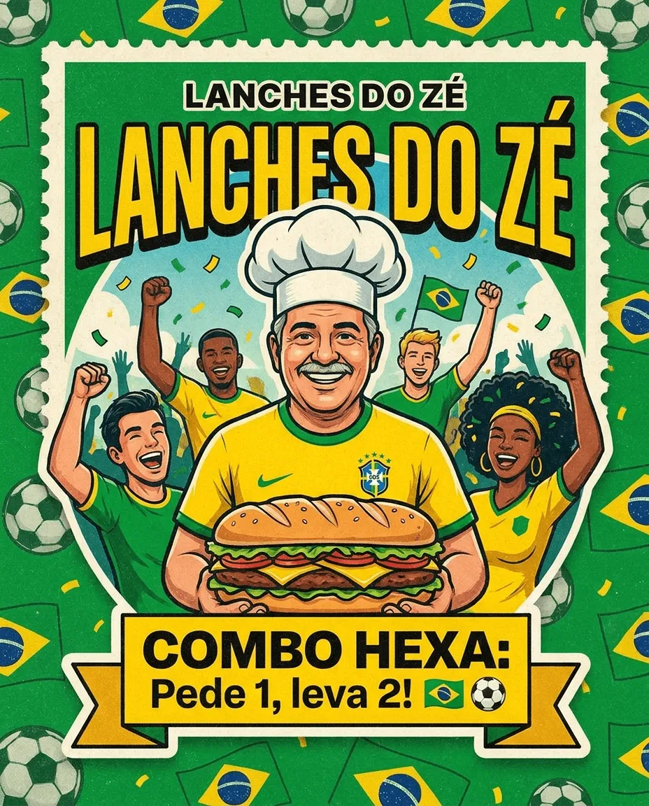 campanha de comércio local com figurinha da Copa criada por IA
