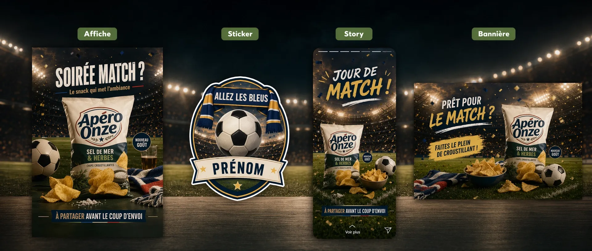 Exemples de visuels football déclinés en affiche, autocollant, story et bannière générés par Pollo AI