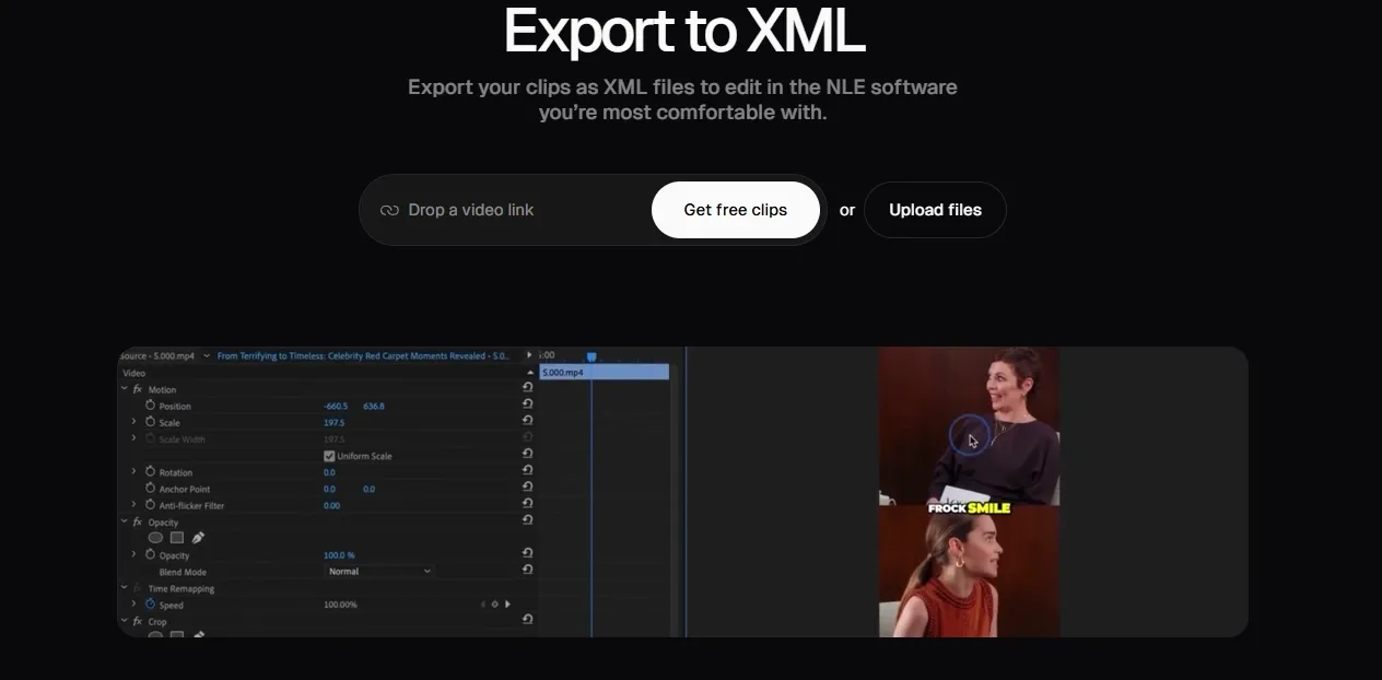 Interface for exporting clips as XML files for video editing.