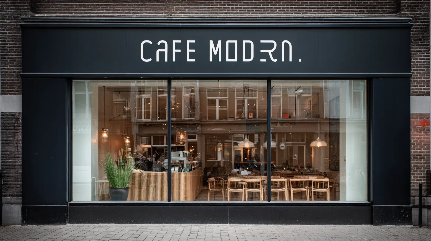 Exterior view of Cafe Modern with large windows and modern decor.