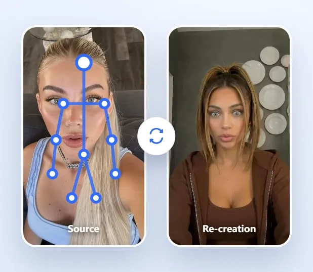 Comparison of a source image and its recreated version with facial markers.