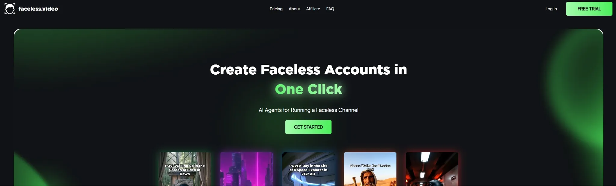 Homepage of Faceless.video showcasing account creation features.