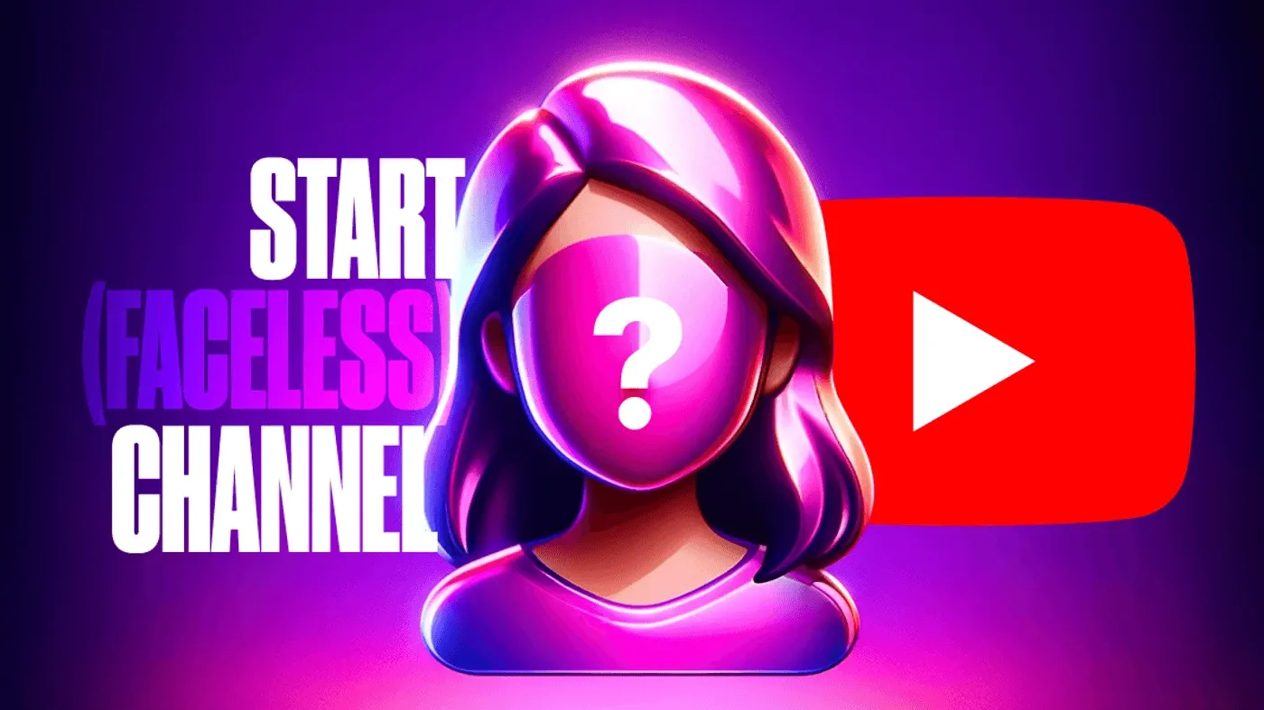 Концепция YouTube-канала без лица, представляющая собой аватар в виде вопросительного знака с логотипом YouTube на фиолетовом градиентном фоне.