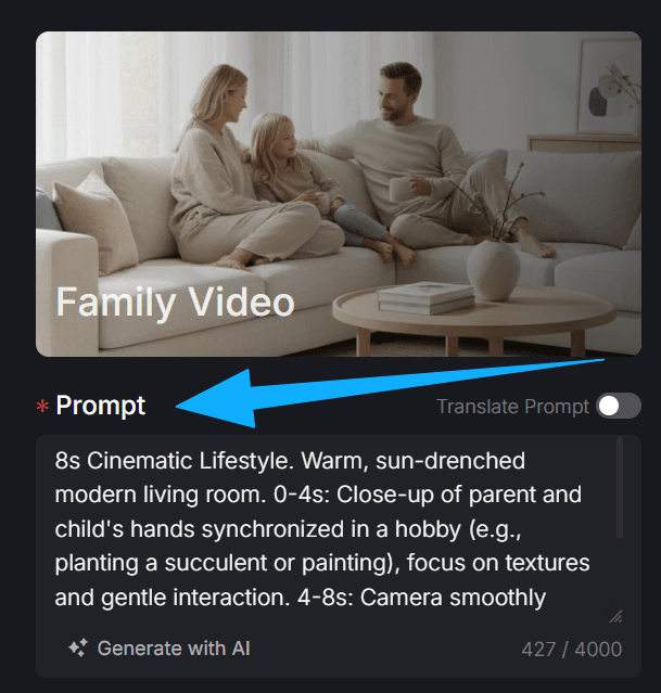 Family scene video preview with a prompt input box below