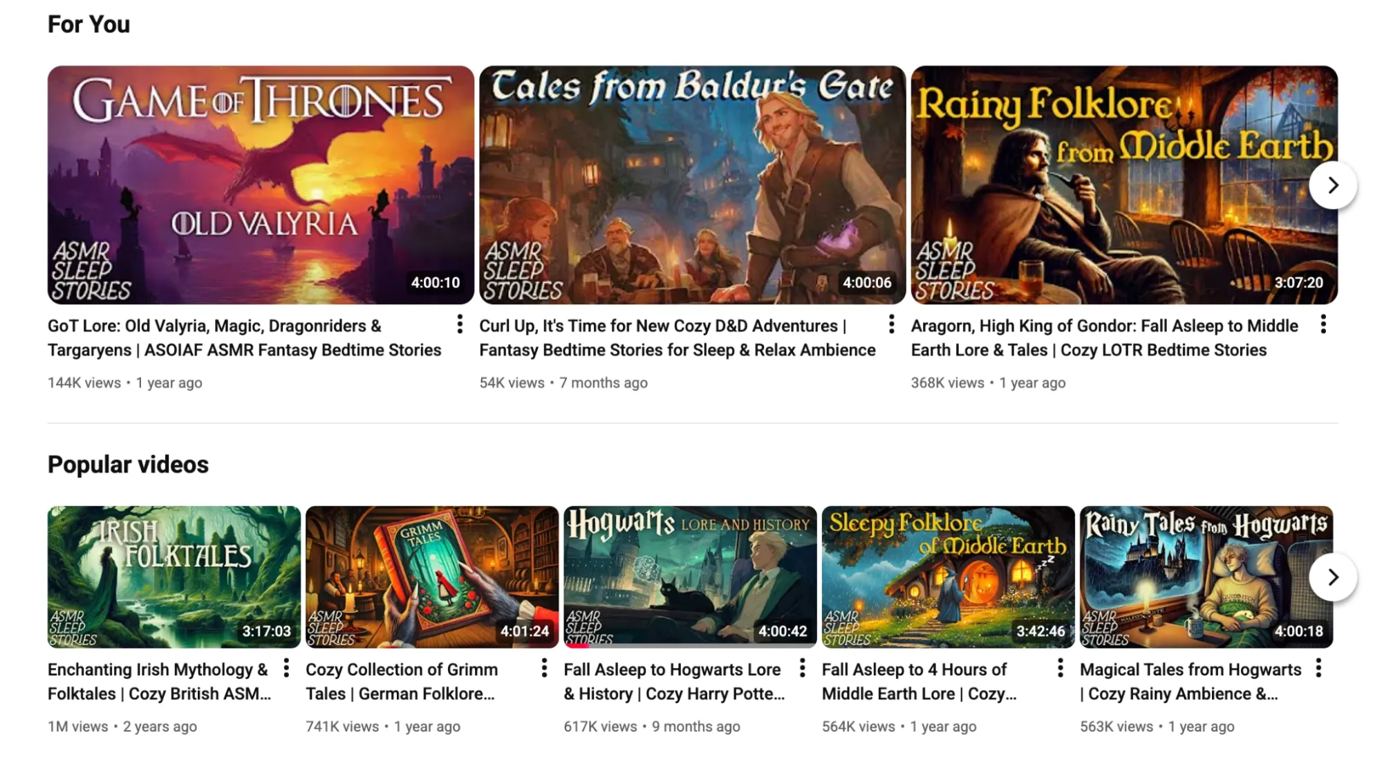 YouTube thumbnail examples for fantasy storytelling and sleep content