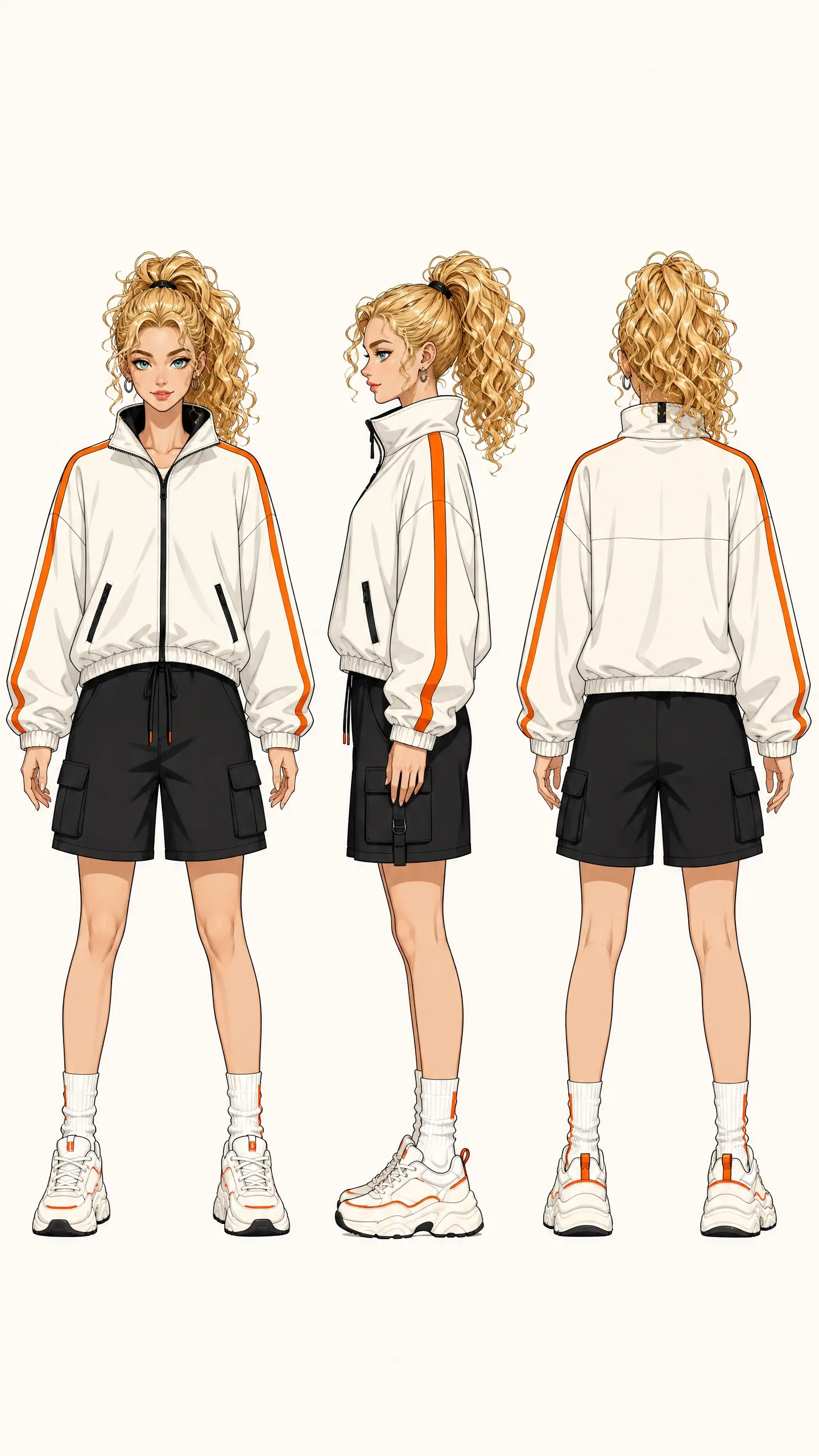 A character design featuring a woman in sporty attire with curly blonde hair.