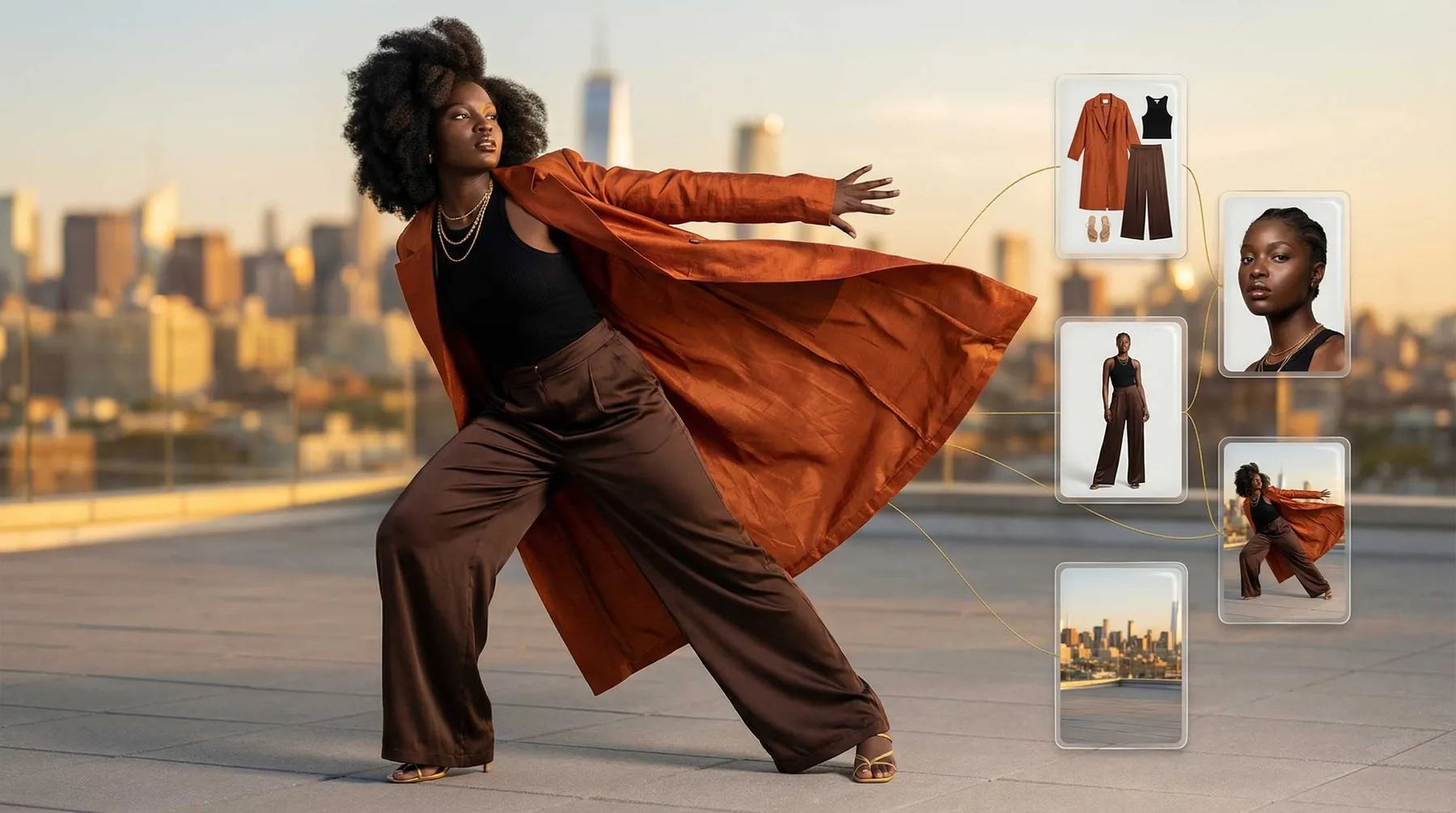 Ein Model posiert in einem stilvollen Outfit vor einer Stadtsilhouette bei Sonnenuntergang.