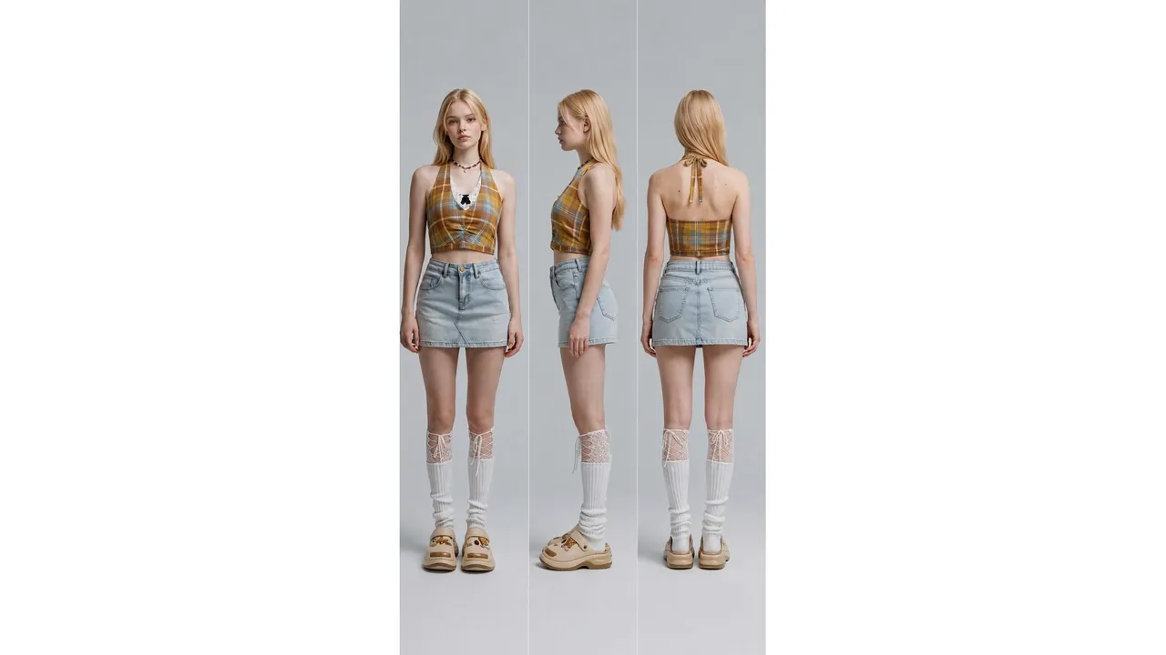 A model poses in a plaid crop top and denim skirt with knee-high socks.