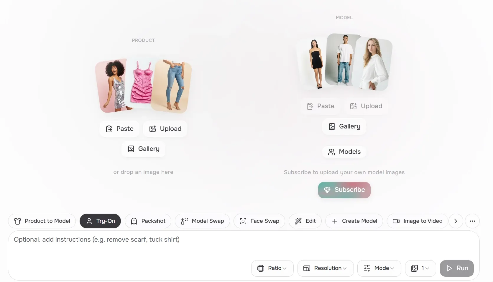 バーチャル試着用の衣類アイテムとモデルのセレクション。