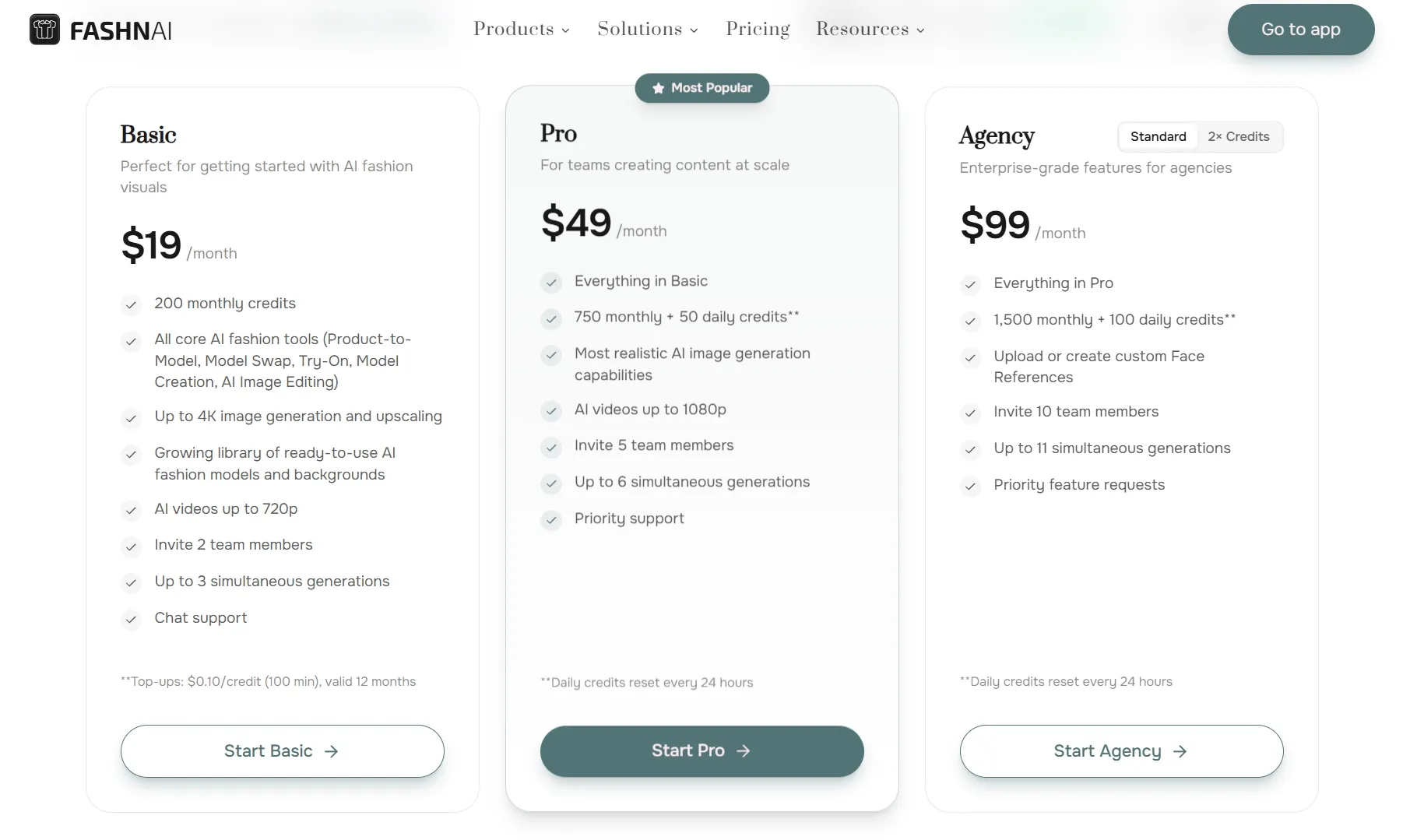 FashN AIの料金プラン: Basic、Pro、Agencyの各オプションと機能・月額費用。