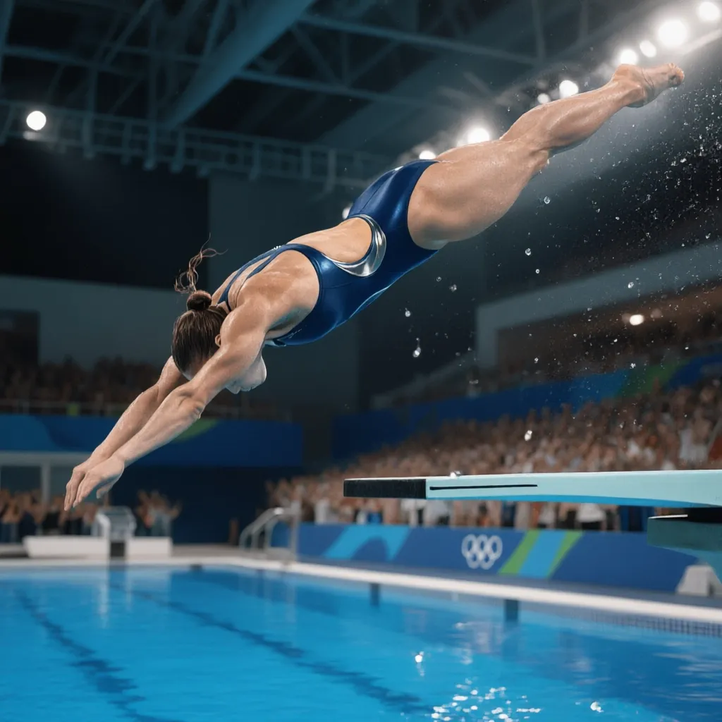 A female diver jumps off a diving board into a swimming pool.