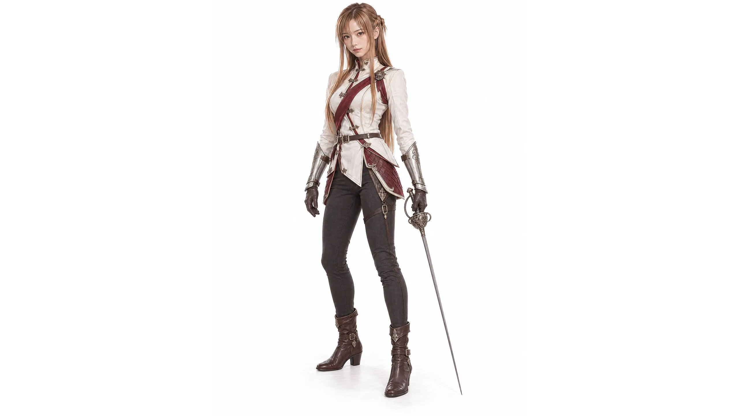 A female warrior in a stylish outfit holds a sword, standing confidently.