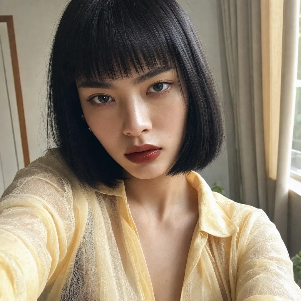 Femme portant une chemise jaune prenant un selfie