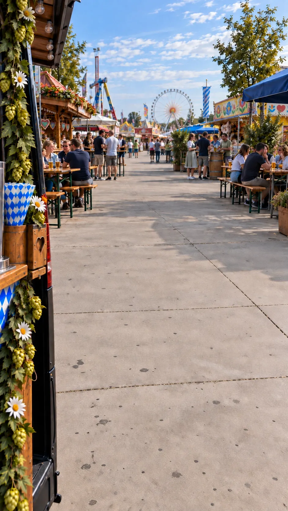 Ein belebter Festplatz mit Biergarten und einem Riesenrad im Hintergrund.