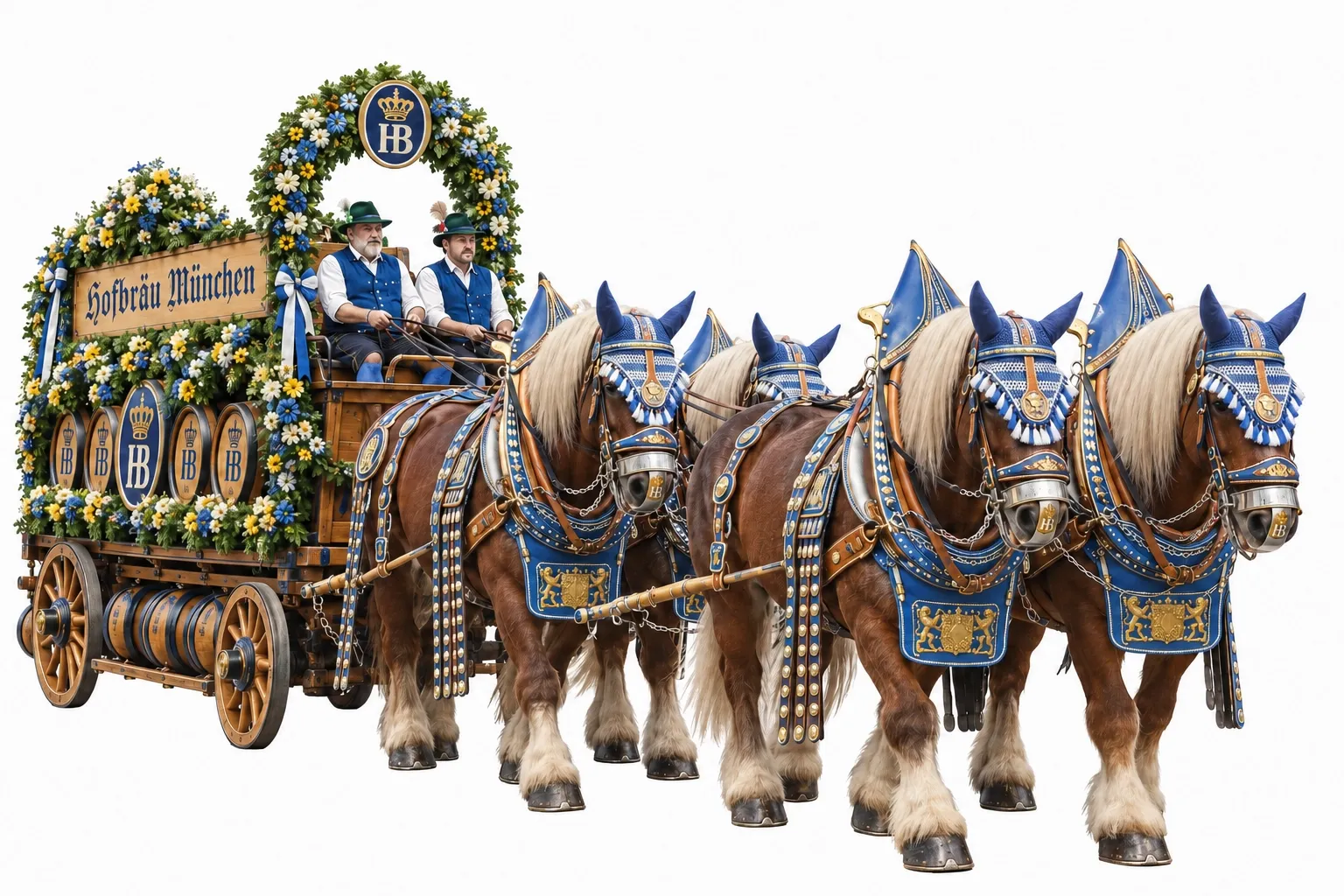 Festwagen von Hofbräu München mit Pferden und Blumen dekoriert.