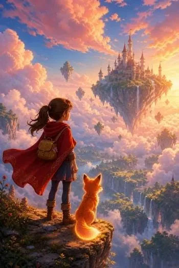 Póster con una joven exploradora y un zorro brillante frente a un castillo flotante al atardecer
