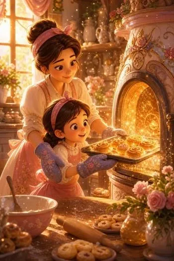 Póster animado familiar de una madre y su hija horneando en una cocina mágica