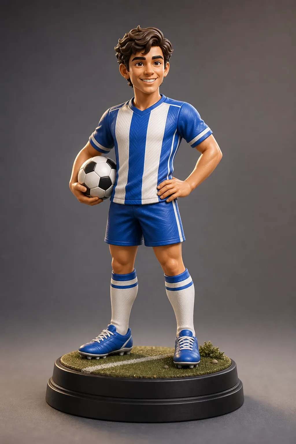 figura coleccionable clásica de futbolista creada con IA, con uniforme azul y blanco ficticio